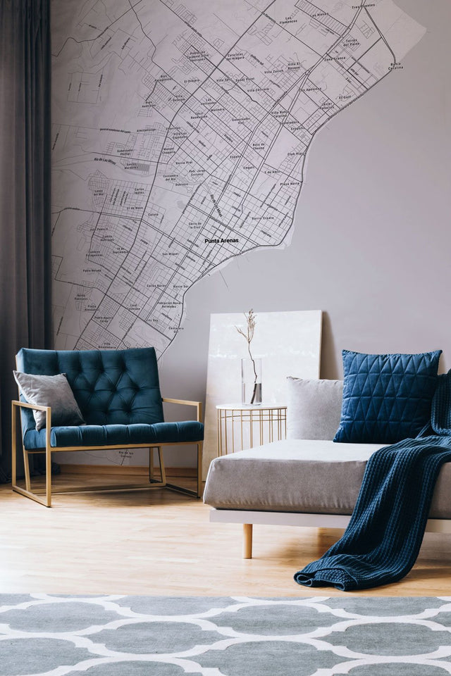 Matte laminated custom map mural of Punta Arenas in a living room
