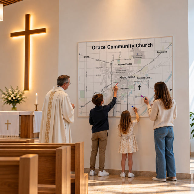 Custom church community map with dry erase lamination on the wall of a church hall