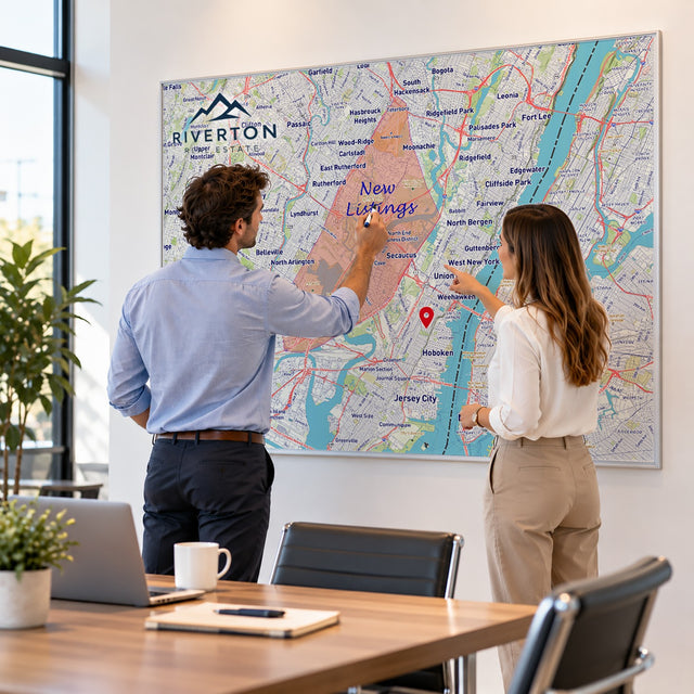 Custom dry erase wall map of a service area in a real estate office