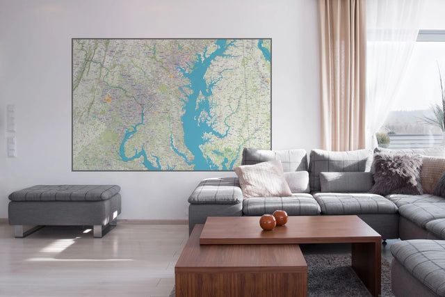 Large 72x48 custom map poster of the Chesapeake Bay above a sofa