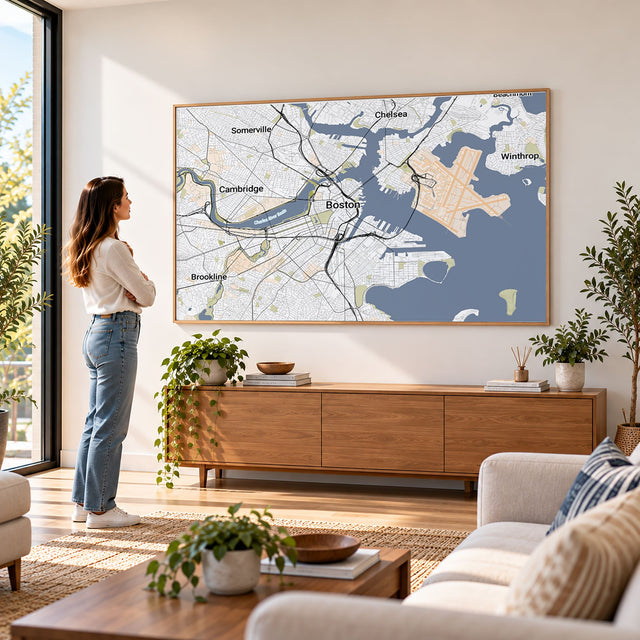 Large colorful custom map poster of Boston in a living room