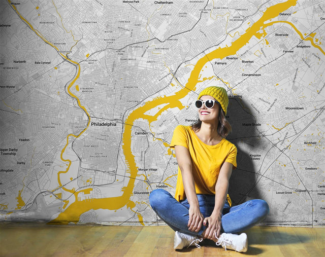 Custom Philadelphia map wallpaper mural in gray and yellow
